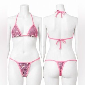 ✨ Oh Lola Pink Sequin Mesh Bikini Set – Triangle Top & Micro Bottoms ✨